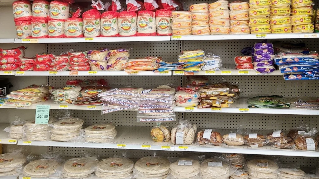 Shelves of tortillas and Mexican breads in the international foods aisle