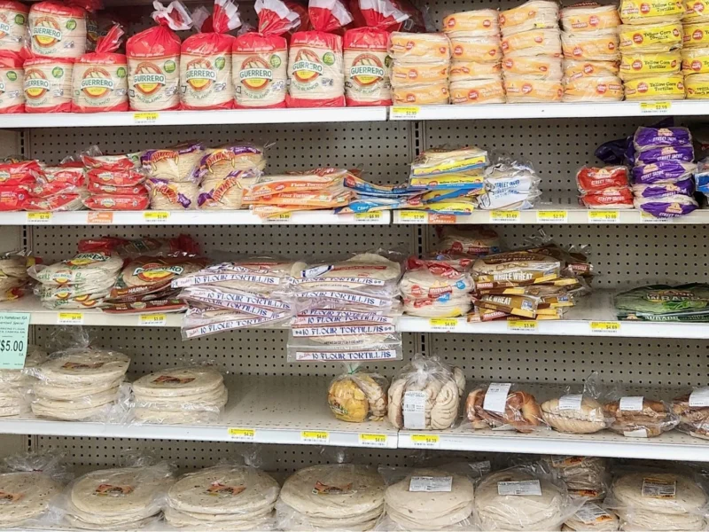 Shelves of tortillas and Mexican breads in the international foods aisle
