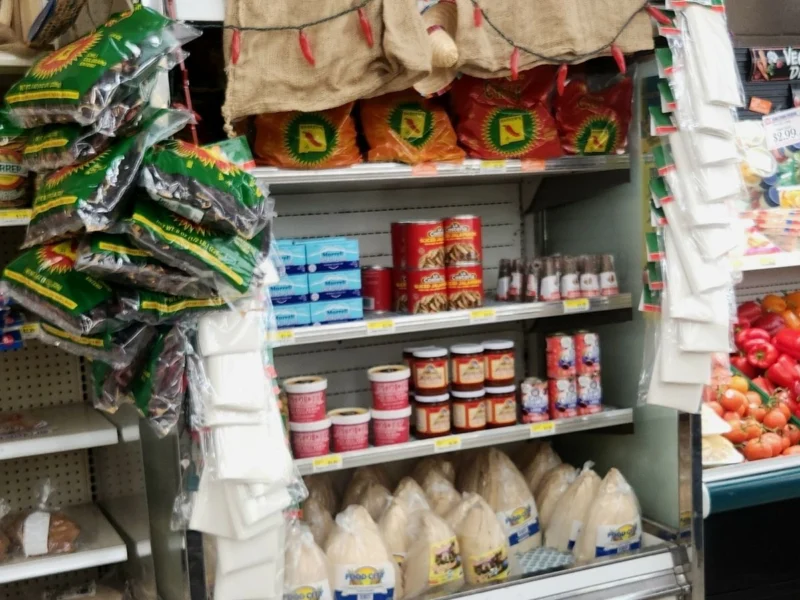 Mexican grocery aisle with prayer candles, canned goods and dried chiles