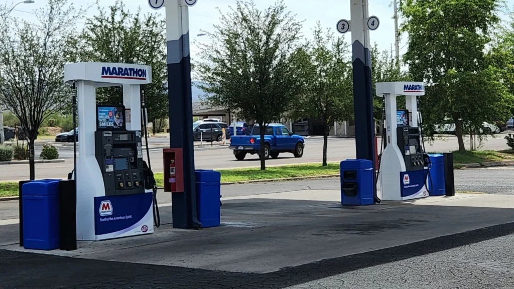 Marathon fuel pumps under the canopy at Norm's IGA