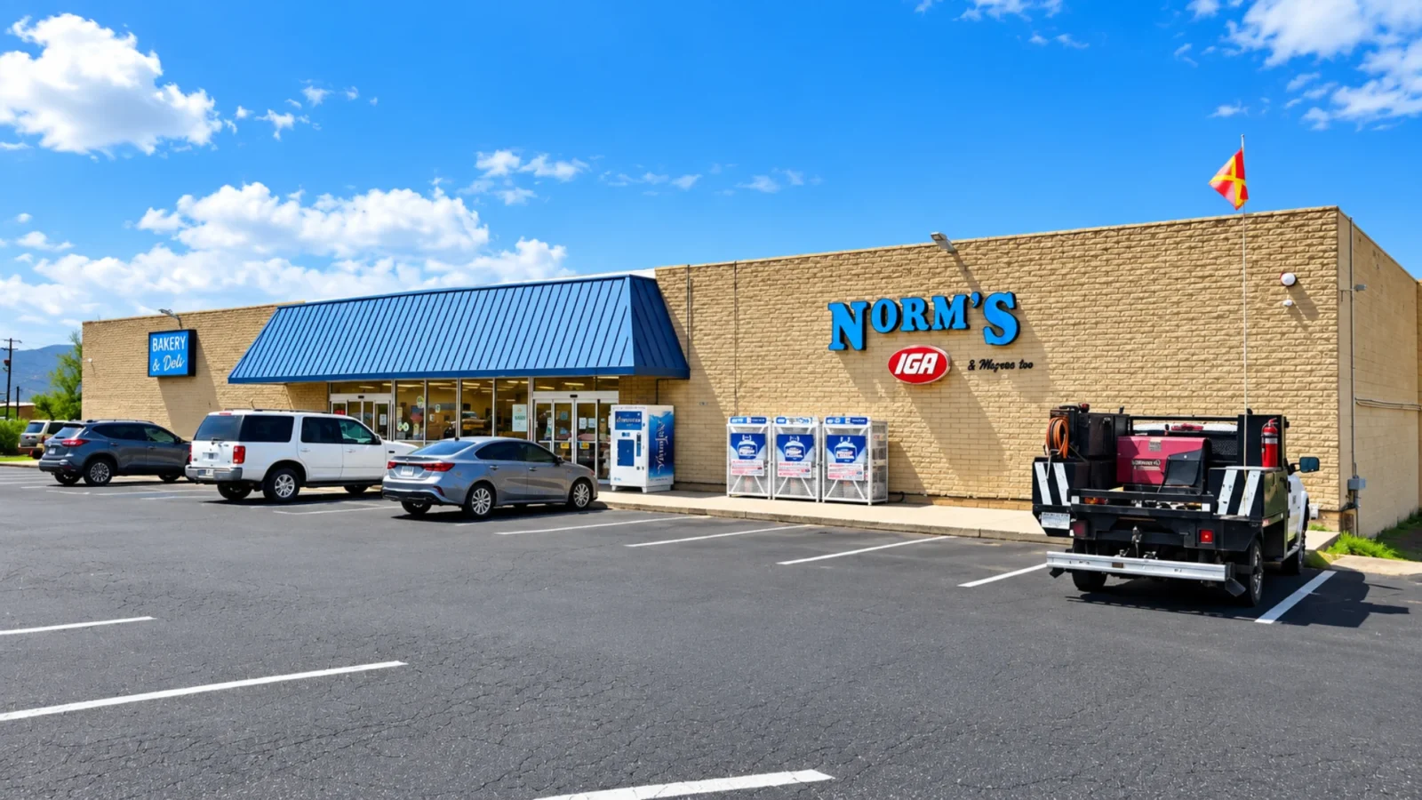Norm's IGA storefront in Kearny, Arizona, with the Bakery & Deli sign and blue awning over the entrance