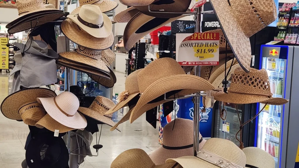 Display of straw and sun hats at Olsens Marketplace