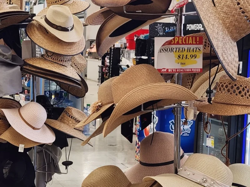 Display of straw and sun hats at Olsens Marketplace