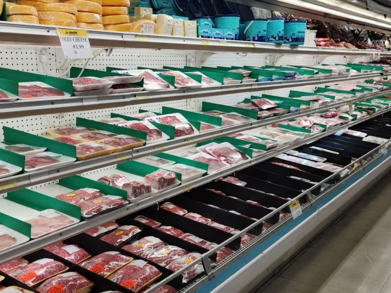 Long refrigerated meat case stocked with fresh cuts at Olsens Marketplace
