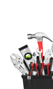 Toolbox filled with a hammer, wrenches, pliers and a level