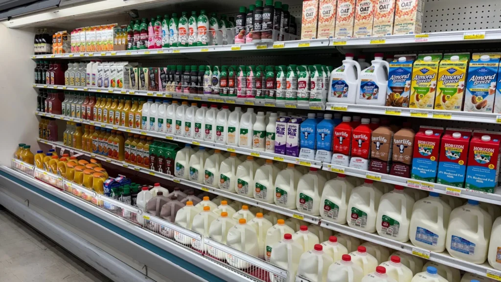 Dairy cooler stocked with milk, juice and coffee creamers at Olsens Marketplace
