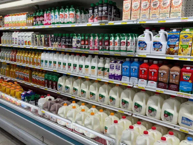 Dairy cooler stocked with milk, juice and coffee creamers at Olsens Marketplace