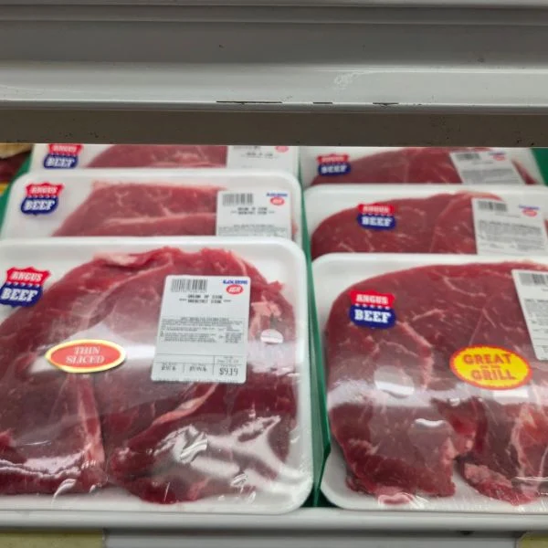 Fresh beef roasts in the meat case at Olsens Marketplace