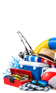 Cooler, fishing rods, tackle box, beach toys, and towels for a Roosevelt Lake day, available at Tonto Basin Market