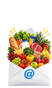 Open email envelope overflowing with fresh groceries, representing Tonto Basin Market Hot Picks and weekly ad deals sent by email
