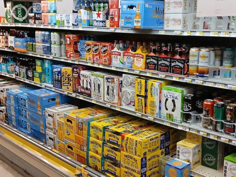 Cooler stocked with cases of beer and hard seltzer at Tonto Basin Market