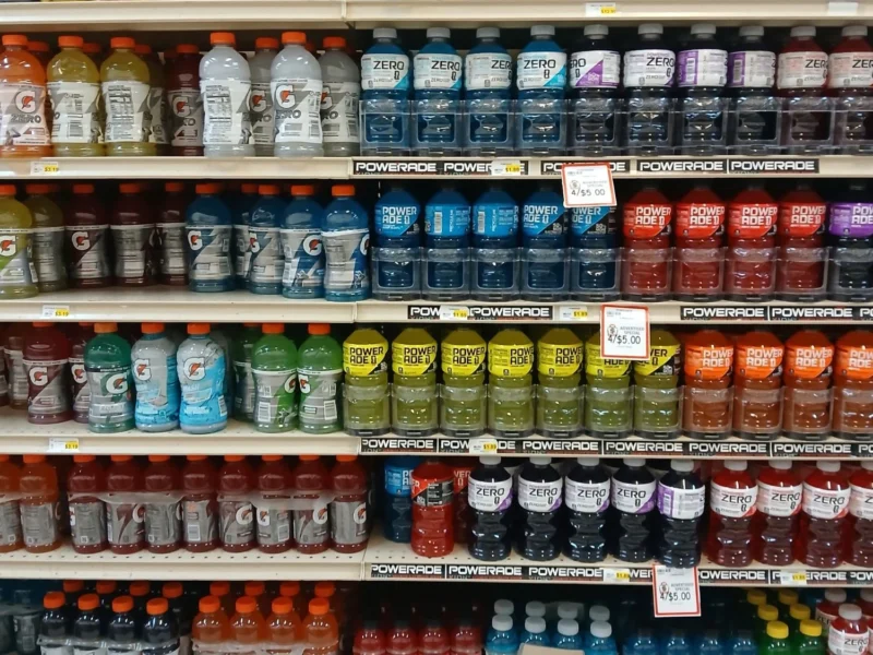 Sports drinks and bottled water stocked in the cooler at Tonto Basin Market