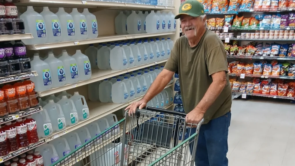 Smiling customer pushing a shopping cart past cases of bottled water at Tonto Basin Market