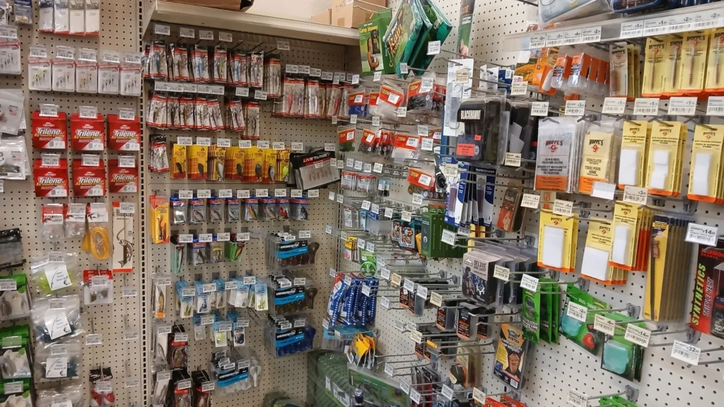 Pegboard wall of fishing tackle and lures for Roosevelt Lake at Tonto Basin Market