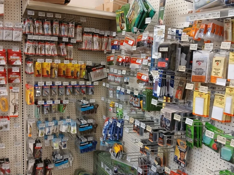 Pegboard wall of fishing tackle and lures for Roosevelt Lake at Tonto Basin Market